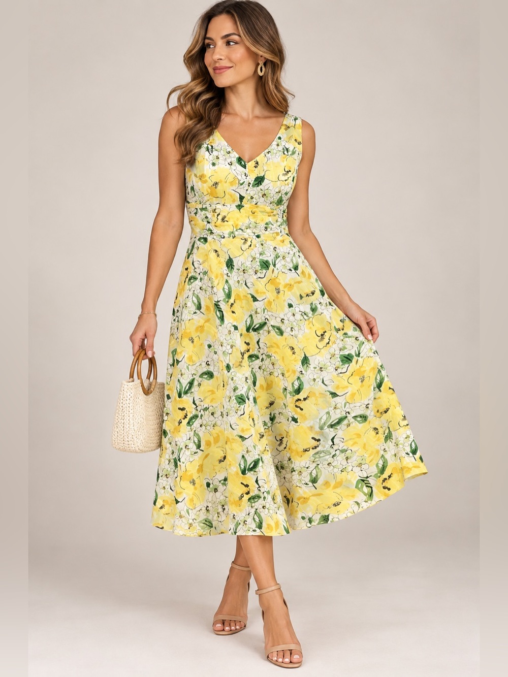 Vintage 90s Y2K Robbie Bee Yellow Floral A-Line Dress 8P